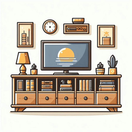 Living room with TV, bookshelf and furniture. Vector illustration.のイラスト素材