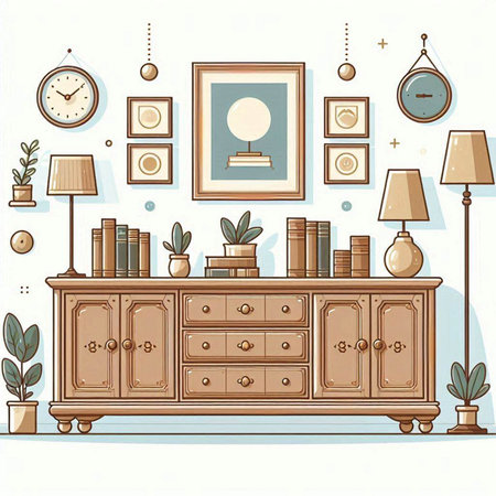 Vector illustration of a living room interior with chest of drawers, lamps and plants.のイラスト素材