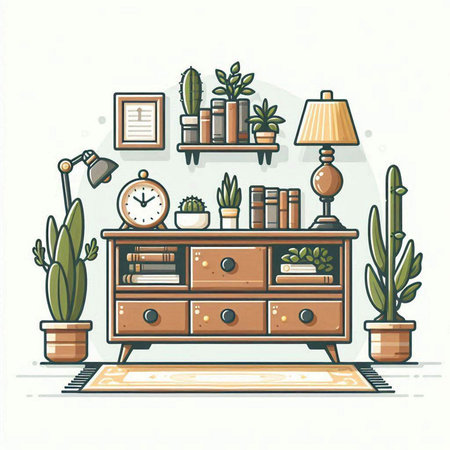 Vector illustration of cozy living room with furniture, bookshelf and plants in pots.のイラスト素材