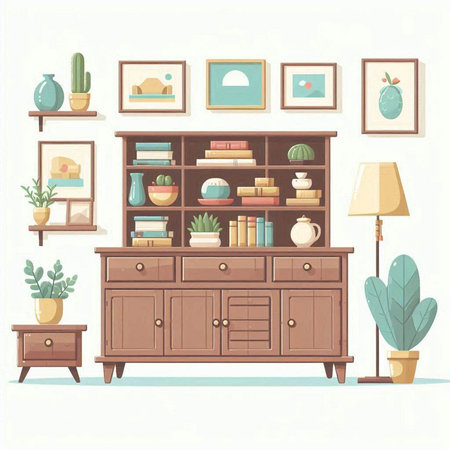 Living room interior with bookshelf, lamps and potted plants. Vector illustration.のイラスト素材