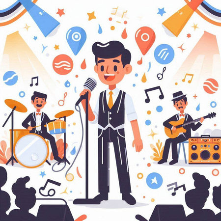 Musician with microphone. Vector illustration in flat cartoon style design.のイラスト素材