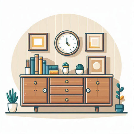 Vector illustration of wooden chest of drawers with books, vase and clockのイラスト素材