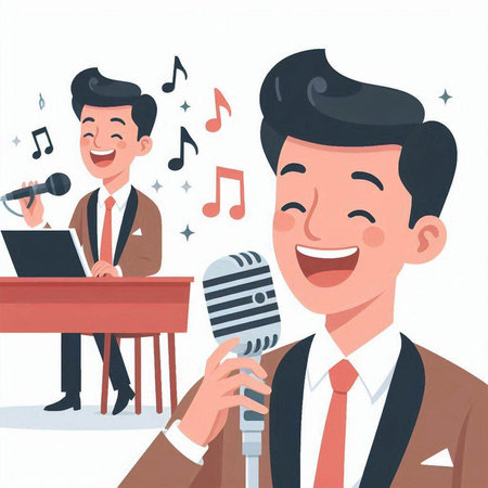 Man in suit and tie singing into microphone. Vector cartoon illustration.のイラスト素材