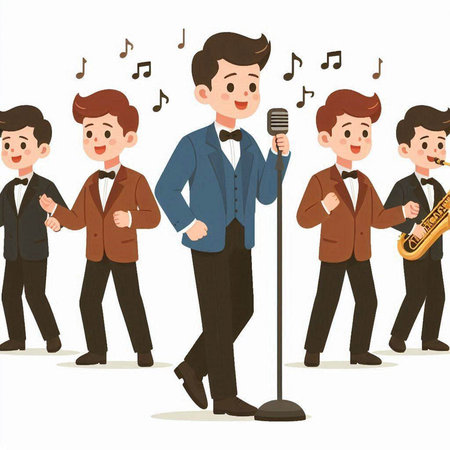 Vector illustration of a group of young men singing and playing musical instruments.のイラスト素材