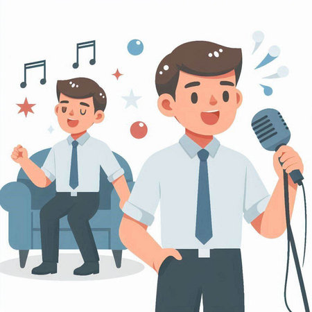 Man and boy singing karaoke at home. Vector illustration.のイラスト素材
