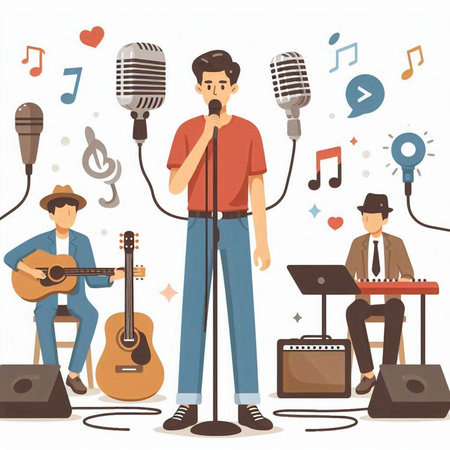 Man singing and playing guitar in the recording studio. Flat style vector illustration.のイラスト素材