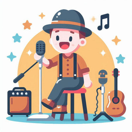 Cute boy singing karaoke. Vector illustration in flat styleのイラスト素材