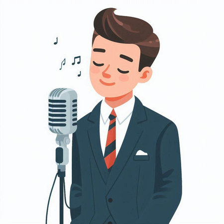 Young man singing into a microphone. Vector illustration in cartoon style.のイラスト素材