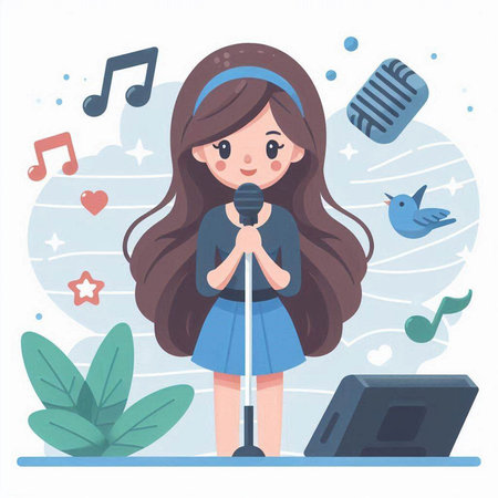 Cute little girl singing with microphone and laptop. Vector illustration.のイラスト素材