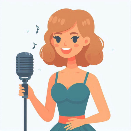 Young woman singing into a microphone. Vector illustration in cartoon style.のイラスト素材