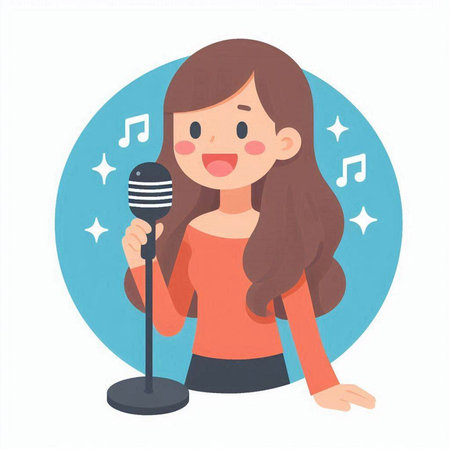 Illustration of a woman singing with a microphone. Vector illustration.のイラスト素材