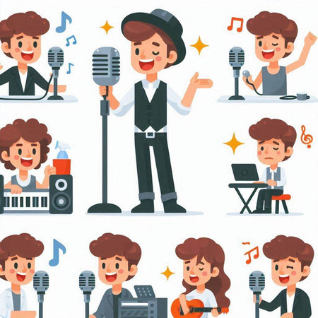 Cartoon singer and musician characters set. Vector illustration of singer and musician in flat style.のイラスト素材
