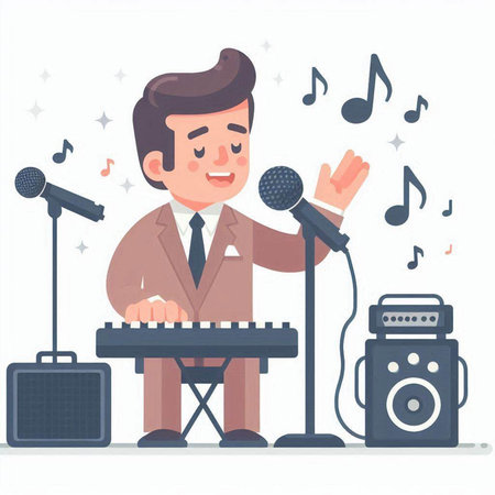 Man with microphone and sound equipment. Vector illustration in cartoon style.のイラスト素材