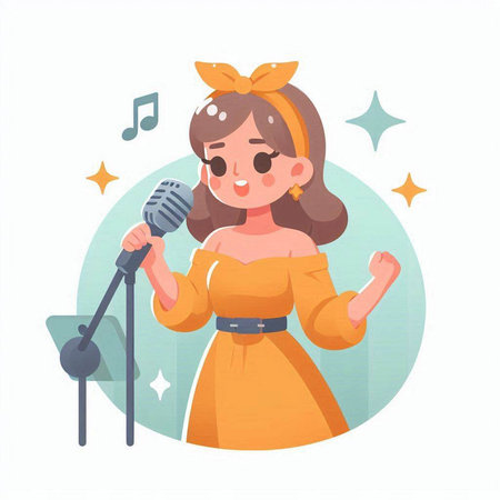 Cute girl singing with microphone. Vector illustration in cartoon style.のイラスト素材