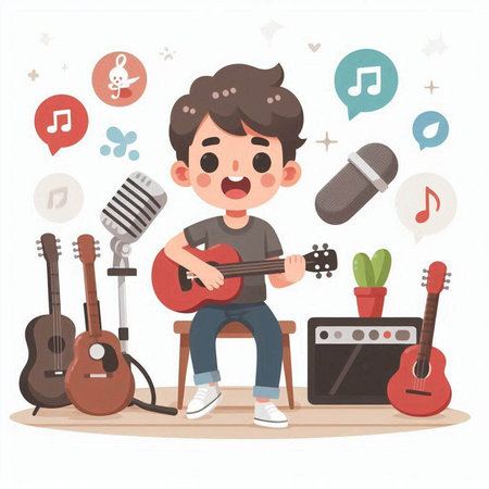 Cute little boy playing guitar, singing and playing musical instruments. Vector illustrationのイラスト素材