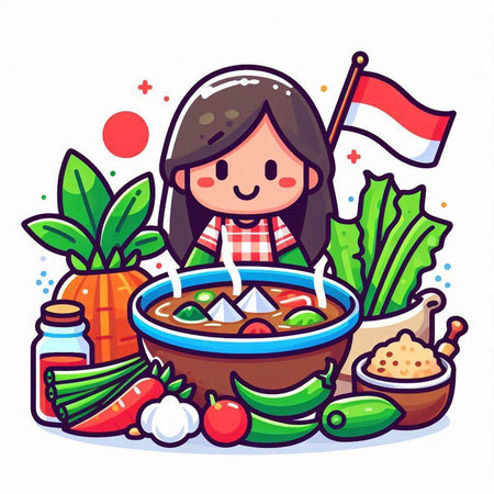 Vector cartoon illustration of indonesian food. Girl holding indonesian flag.のイラスト素材