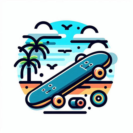 Skateboard on the beach with palm trees. Vector illustration.のイラスト素材