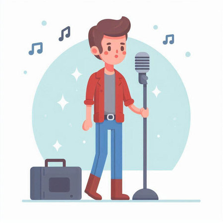 Young man singing in microphone. Vector illustration in flat cartoon style.のイラスト素材