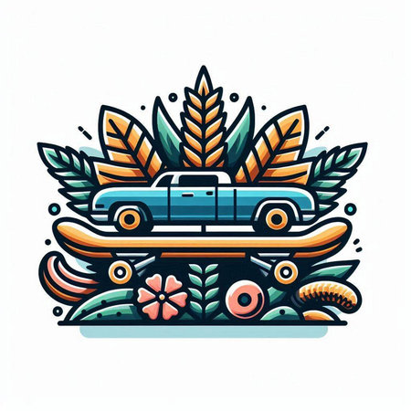 Vector illustration of a retro car on a skateboard with leaves and flowers.のイラスト素材