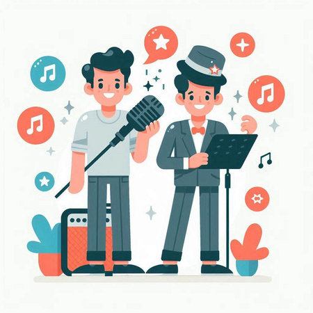 Karaoke man and woman. Vector illustration in flat style.のイラスト素材
