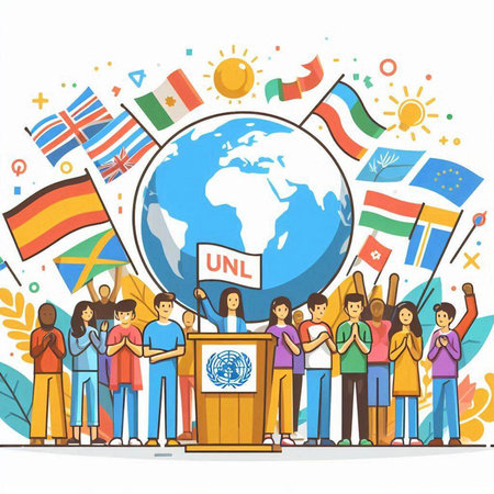Vector illustration of crowd of people with flags and flags around the globe.のイラスト素材