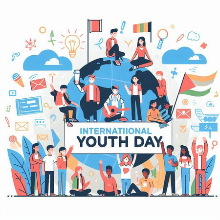 International Youth Day. Group of young people on white background. Flat vector illustration.のイラスト素材