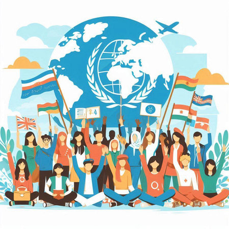 Group of people holding flags on the background of the world map. Vector illustration.のイラスト素材