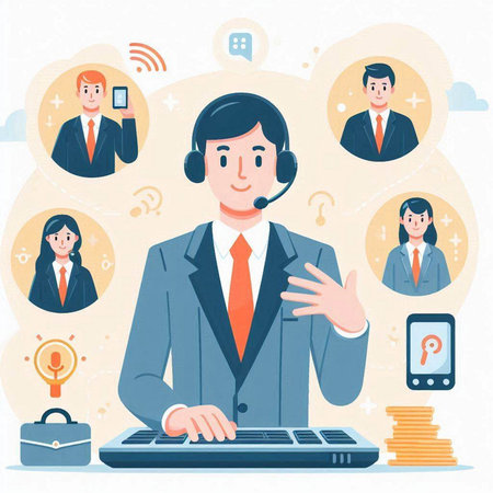 Call center concept. Man in headset working with customer service. Vector illustrationのイラスト素材