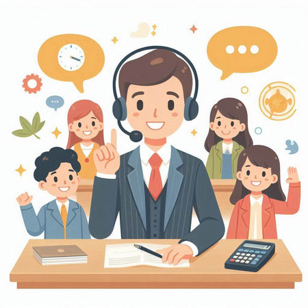 Businessman and customer service agent in call center. Vector illustration.のイラスト素材