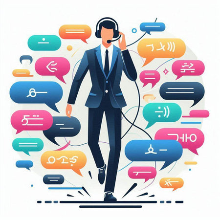 Vector illustration of man with headset and speech bubbles. Online communication concept.のイラスト素材