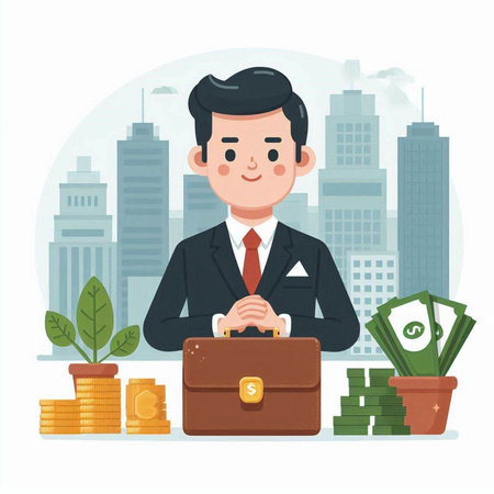 Businessman with briefcase and coins. Vector illustration in flat styleのイラスト素材