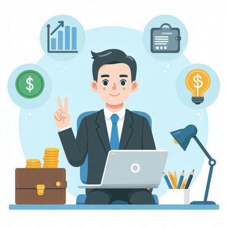 Businessman working at office with laptop. Flat style vector illustration.のイラスト素材