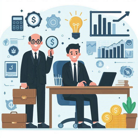 Businessman and businessman working at office. Vector illustration in flat styleのイラスト素材