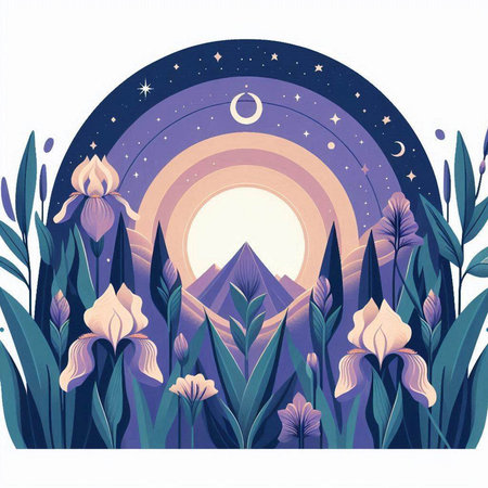 Vector illustration of fantasy landscape with irises, mountains and moon.のイラスト素材