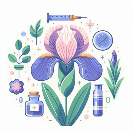Iris flower and medical icons. Vector illustration in flat style.のイラスト素材
