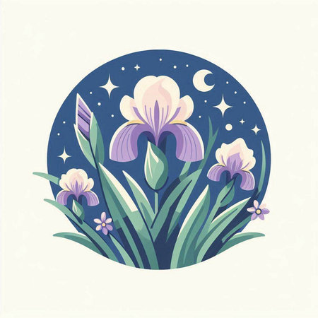Illustration of iris flower with moon and stars in the backgroundのイラスト素材