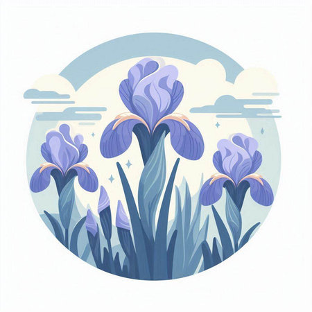 Blue iris flowers in the circle. Natural floral background. Vector illustration.のイラスト素材