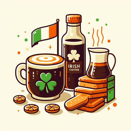 Saint Patrick's Day vector illustration. Irish holiday symbols. Beer, clover, crackers, beer, lemonadeのイラスト素材