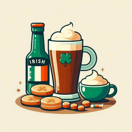 Illustration of Irish beer, biscuits and coins. Vector illustration.のイラスト素材