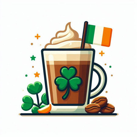 Coffee with clover and flag of Ireland. Irish holiday vector illustrationのイラスト素材
