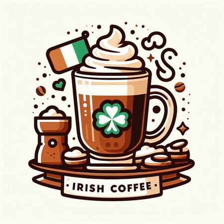Irish coffee with whipped cream and Irish flag, vector cartoon illustration.のイラスト素材