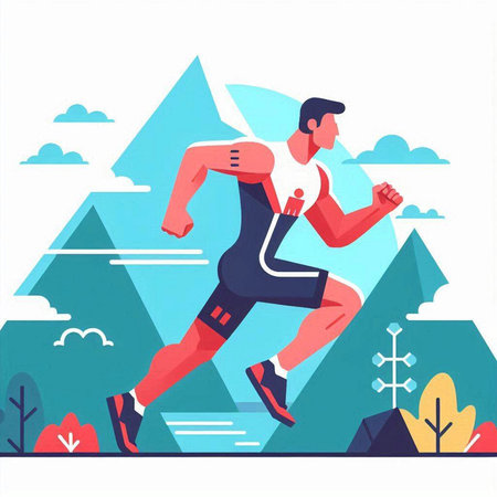 Man running in the mountains. Flat vector illustration. Sport concept.のイラスト素材