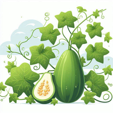 Illustration of green melon with leaves on a white background.のイラスト素材