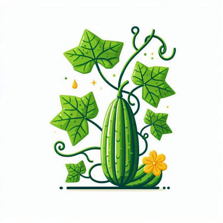 Cucumber with leaves and flowers. Vector illustration on white background.のイラスト素材