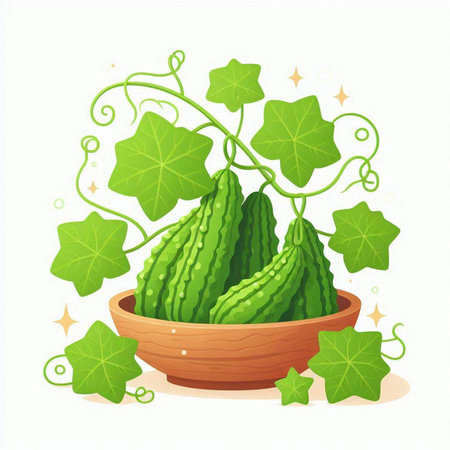Bitter gourd in wooden bowl with green leaves. Vector illustration.のイラスト素材