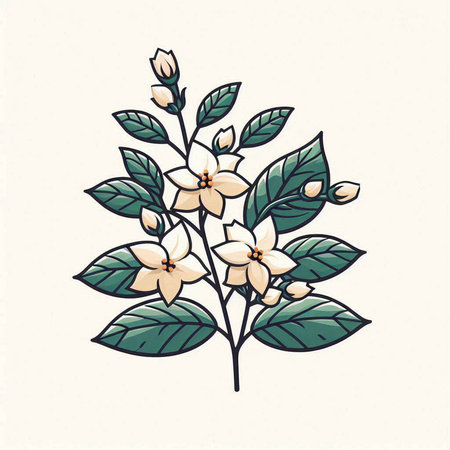 Branch of jasmine flowers with leaves. Vector illustration.のイラスト素材
