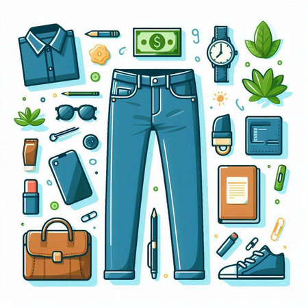 Vector illustration of men's clothing and accessories. Flat style design.のイラスト素材