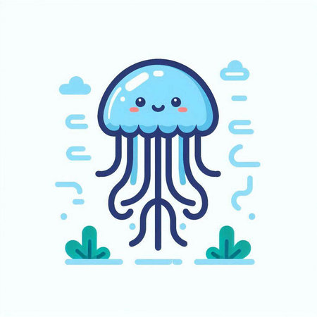 Cute cartoon jellyfish. Vector illustration in flat linear style.のイラスト素材