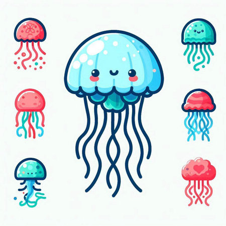 Cute cartoon jellyfish set. Vector illustration isolated on white background.のイラスト素材