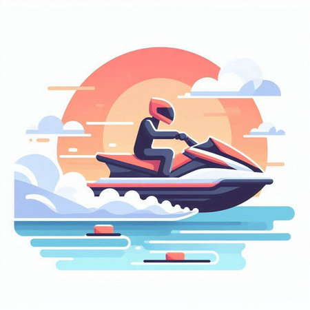 Water sport. Man riding jet ski. Vector illustration in flat styleのイラスト素材